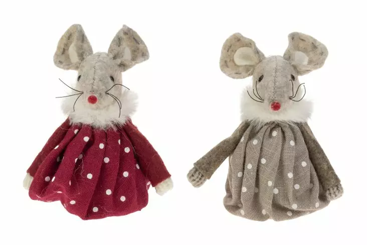 Hiiri 8cm harmaa tai punainen mekko - Joulukoristeet - 6412740109105 - 1